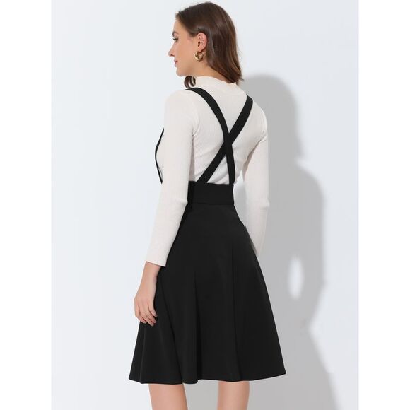 Women's High Waist Overall Dress Button Decor Flared Midi Suspender Skirt Black - Picture 4 of 5